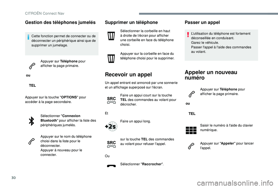 CITROEN C3 2019  Notices Demploi (in French) 30
Gestion des téléphones jumelés
Cette fonction permet de connecter ou de 
déconnecter un périphérique ainsi que de 
supprimer un jumelage.
 ou  Appuyer sur Téléphone
 pour 
afficher la page 