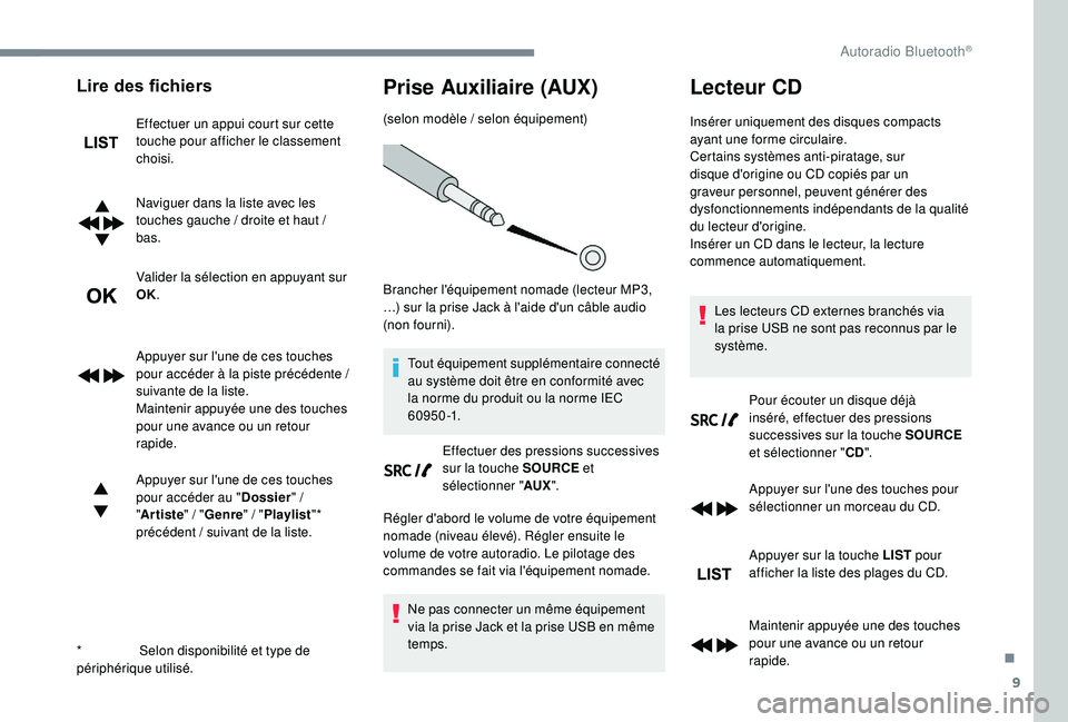 CITROEN C3 2019  Notices Demploi (in French) 9
Lire des fichiers
Effectuer un appui court sur cette 
touche pour afficher le classement 
choisi.
Naviguer dans la liste avec les 
touches gauche / droite et haut / 
bas.
Valider la sélection en ap