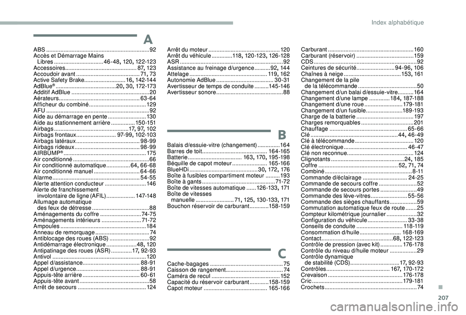 CITROEN C3 2019  Notices Demploi (in French) 207
ABS .................................................................92
Accès et Démarrage Mains  Libres
 

............................... 46-48, 120, 12 2-123
Accessoires .....................