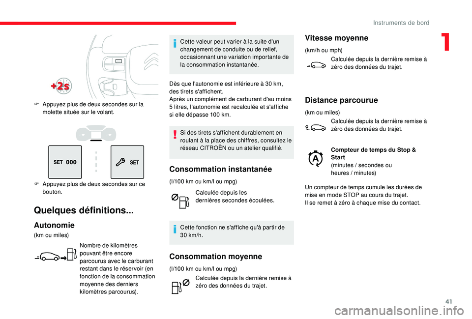 CITROEN C3 2019 Notices Demploi (in French) 41
F Appuyez plus de deux secondes sur ce
bouton.
F
A
ppuyez plus de deux secondes sur la
molette située sur le volant.
Quelques définitions...
Autonomie
(km ou miles)
Nombre de kilomètres CITROEN C3 2019 Notices Demploi (in French) 41
F Appuyez plus de deux secondes sur ce
bouton.
F
A
ppuyez plus de deux secondes sur la
molette située sur le volant.
Quelques définitions...
Autonomie
(km ou miles)
Nombre de kilomètres
