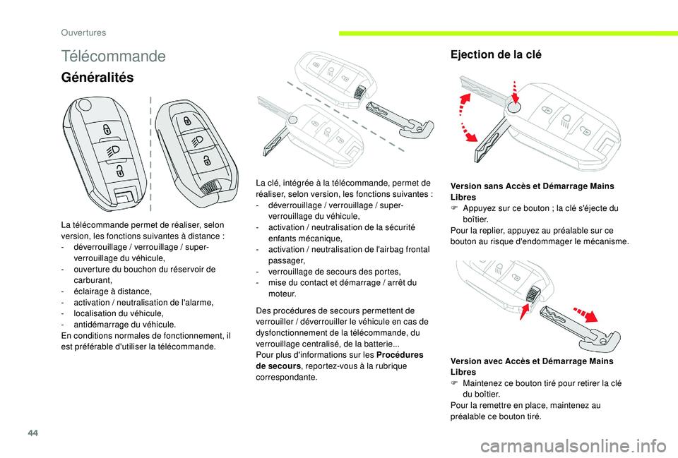 CITROEN C3 2019 Notices Demploi (in French) 44
Télécommande
Généralités
Des procédures de secours permettent de
verrouiller / déverrouiller le véhicule en cas de
dysfonctionnement de la télécommande, du
verrouillage centralisé, de CITROEN C3 2019 Notices Demploi (in French) 44
Télécommande
Généralités
Des procédures de secours permettent de
verrouiller / déverrouiller le véhicule en cas de
dysfonctionnement de la télécommande, du
verrouillage centralisé, de