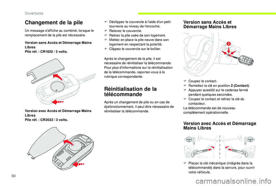 CITROEN C3 2019  Notices Demploi (in French) 50
Changement de la pile
Un message s'affiche au combiné, lorsque le 
remplacement de la pile est nécessaire.
Version sans Accès et Démarrage Mains 
Libres
Pile réf.  : CR1620 / 3 volts.
Vers