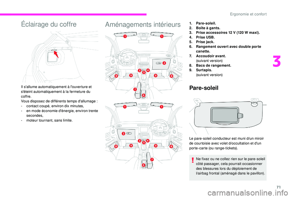 CITROEN C3 2019 Notices Demploi (in French) 71
Éclairage du coffre
Il s'allume automatiquement à l'ouverture et
s'éteint automatiquement à la fermeture du
coffre.
Vous disposez de différents temps d'allumage :
-
c
ont CITROEN C3 2019 Notices Demploi (in French) 71
Éclairage du coffre
Il s'allume automatiquement à l'ouverture et
s'éteint automatiquement à la fermeture du
coffre.
Vous disposez de différents temps d'allumage :
-
c
ont