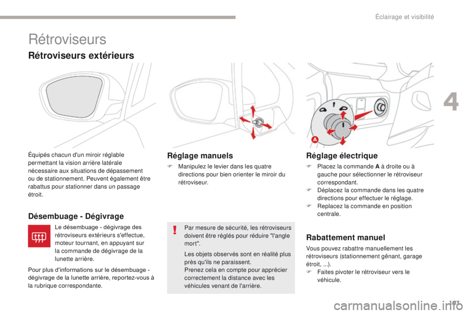 CITROEN C3 2017 Notices Demploi (in French) 103
Rétroviseurs
Rétroviseurs extérieurs
Équipés chacun d'un miroir réglable
permettant la vision arrière latérale
nécessaire aux situations de dépassement
ou de stationnement. Peuven CITROEN C3 2017 Notices Demploi (in French) 103
Rétroviseurs
Rétroviseurs extérieurs
Équipés chacun d'un miroir réglable
permettant la vision arrière latérale
nécessaire aux situations de dépassement
ou de stationnement. Peuven