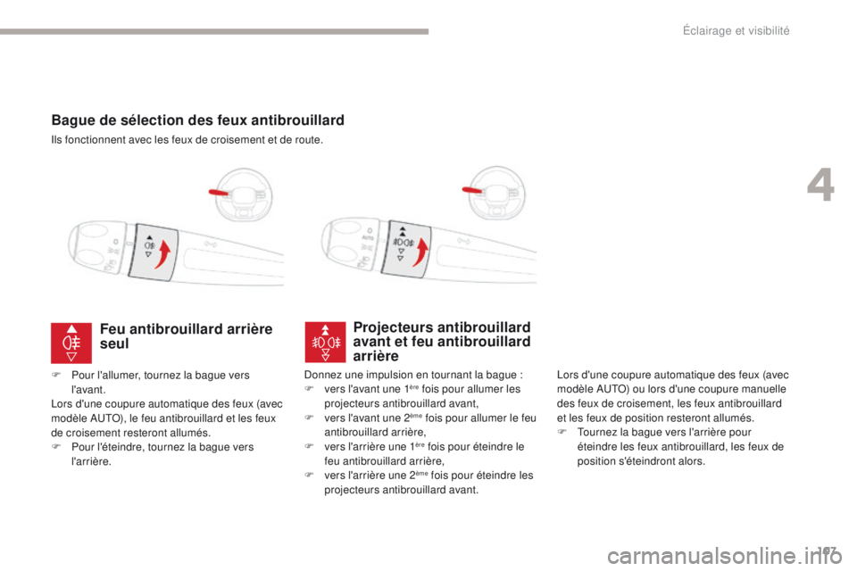 CITROEN C3 2017 Notices Demploi (in French) 107
Bague de sélection des feux antibrouillard
Ils fonctionnent avec les feux de croisement et de route.
Projecteurs antibrouillard
avant et feu antibrouillard
arrière
Lors d'une coupure autom CITROEN C3 2017 Notices Demploi (in French) 107
Bague de sélection des feux antibrouillard
Ils fonctionnent avec les feux de croisement et de route.
Projecteurs antibrouillard
avant et feu antibrouillard
arrière
Lors d'une coupure autom