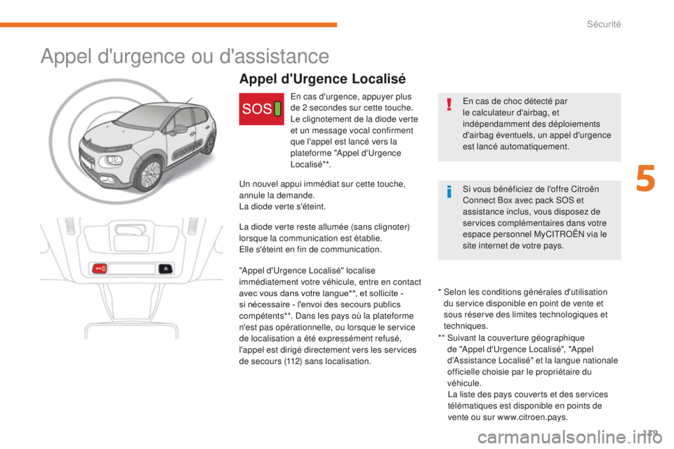 CITROEN C3 2017 Notices Demploi (in French) 119
Appel d'urgence ou d'assistance
Appel d'Urgence Localisé
En cas de choc détecté par
le calculateur d'airbag, et
indépendamment des déploiements
d'airbag éventuels, un CITROEN C3 2017 Notices Demploi (in French) 119
Appel d'urgence ou d'assistance
Appel d'Urgence Localisé
En cas de choc détecté par
le calculateur d'airbag, et
indépendamment des déploiements
d'airbag éventuels, un