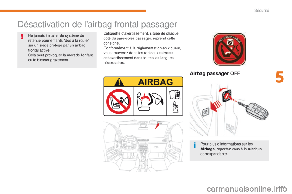 CITROEN C3 2017 Notices Demploi (in French) 137
Airbag passager OFF
L'étiquette d'avertissement, située de chaque
côté du pare-soleil passager, reprend cette
consigne.
Conformément à la réglementation en vigueur,
vous trouvere CITROEN C3 2017 Notices Demploi (in French) 137
Airbag passager OFF
L'étiquette d'avertissement, située de chaque
côté du pare-soleil passager, reprend cette
consigne.
Conformément à la réglementation en vigueur,
vous trouvere