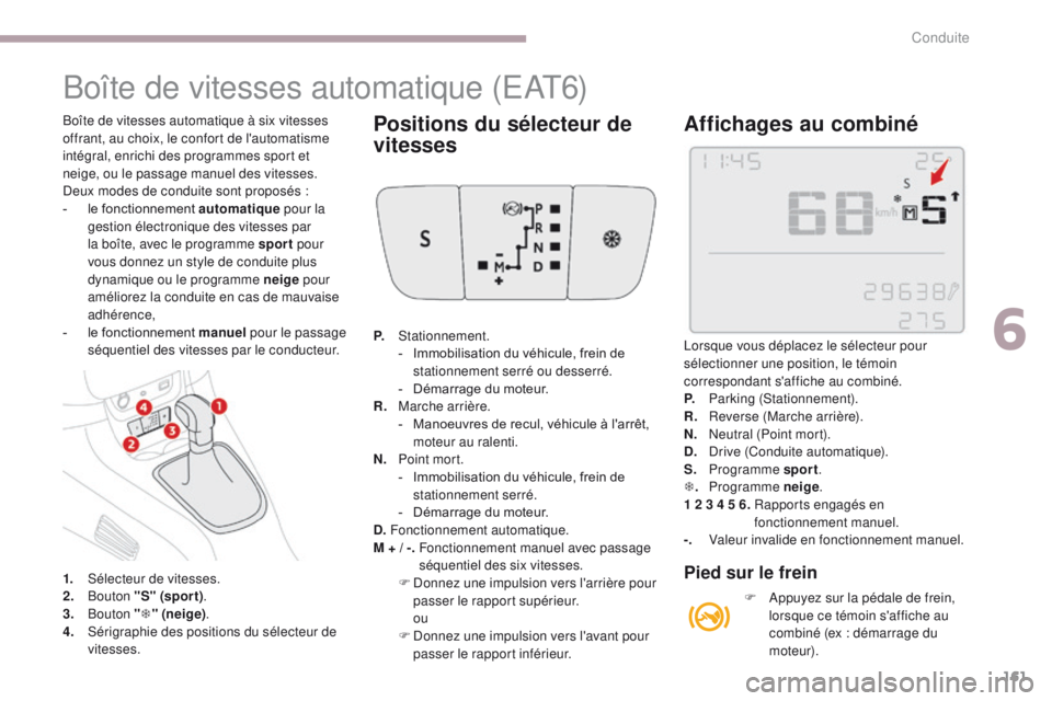 CITROEN C3 2017 Notices Demploi (in French) 161
Boîte de vitesses automatique (EAT6)
1. Sélecteur de vitesses.
2. Bouton "S" (spor t) .
3.
Bouton "T " (neige) .
4.
Sé
rigraphie des positions du sélecteur de
vitesses. CITROEN C3 2017 Notices Demploi (in French) 161
Boîte de vitesses automatique (EAT6)
1. Sélecteur de vitesses.
2. Bouton "S" (spor t) .
3.
Bouton "T " (neige) .
4.
Sé
rigraphie des positions du sélecteur de
vitesses.