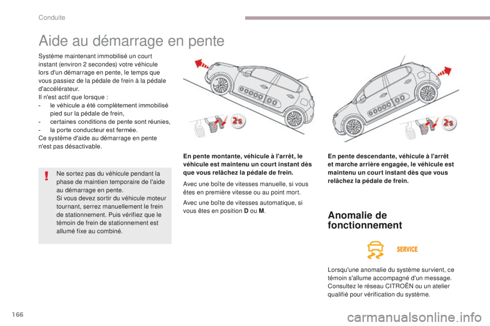 CITROEN C3 2017 Notices Demploi (in French) 166
Aide au démarrage en pente
Système maintenant immobilisé un court
instant (environ 2 secondes) votre véhicule
lors d'un démarrage en pente, le temps que
vous passiez de la pédale de f CITROEN C3 2017 Notices Demploi (in French) 166
Aide au démarrage en pente
Système maintenant immobilisé un court
instant (environ 2 secondes) votre véhicule
lors d'un démarrage en pente, le temps que
vous passiez de la pédale de f