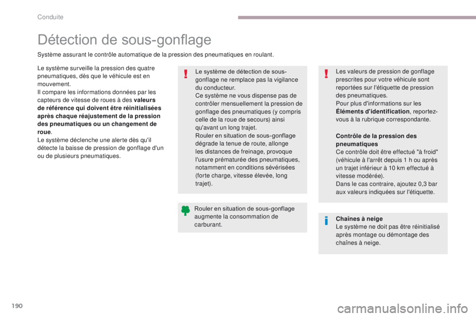 CITROEN C3 2017 Notices Demploi (in French) 190
Rouler en situation de sous-gonflage
augmente la consommation de
carburant.Le système de détection de sous-
gonflage ne remplace pas la vigilance
du conducteur.
Ce système ne vous dispense p CITROEN C3 2017 Notices Demploi (in French) 190
Rouler en situation de sous-gonflage
augmente la consommation de
carburant.Le système de détection de sous-
gonflage ne remplace pas la vigilance
du conducteur.
Ce système ne vous dispense p
