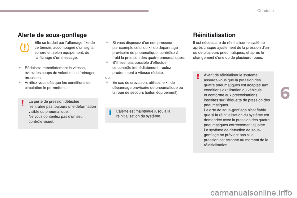 CITROEN C3 2017 Notices Demploi (in French) 191
Alerte de sous-gonflageRéinitialisation
Avant de réinitialiser le système,
assurez-vous que la pression des
quatre pneumatiques est adaptée aux
conditions d'utilisation du véhicule
et CITROEN C3 2017 Notices Demploi (in French) 191
Alerte de sous-gonflageRéinitialisation
Avant de réinitialiser le système,
assurez-vous que la pression des
quatre pneumatiques est adaptée aux
conditions d'utilisation du véhicule
et