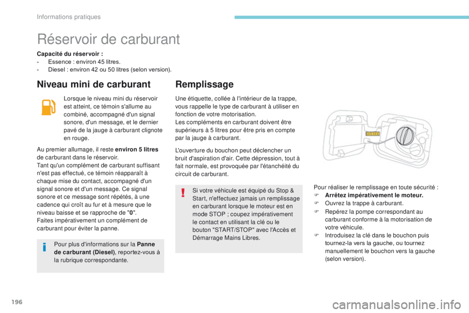 CITROEN C3 2017 Notices Demploi (in French) 196
Réservoir de carburant
Capacité du réservoir :
- E ssence : environ 45 litres.
-
D
iesel : environ 42 ou 50 litres (selon version).
Niveau mini de carburant Remplissage
Lorsque le niveau min CITROEN C3 2017 Notices Demploi (in French) 196
Réservoir de carburant
Capacité du réservoir :
- E ssence : environ 45 litres.
-
D
iesel : environ 42 ou 50 litres (selon version).
Niveau mini de carburant Remplissage
Lorsque le niveau min