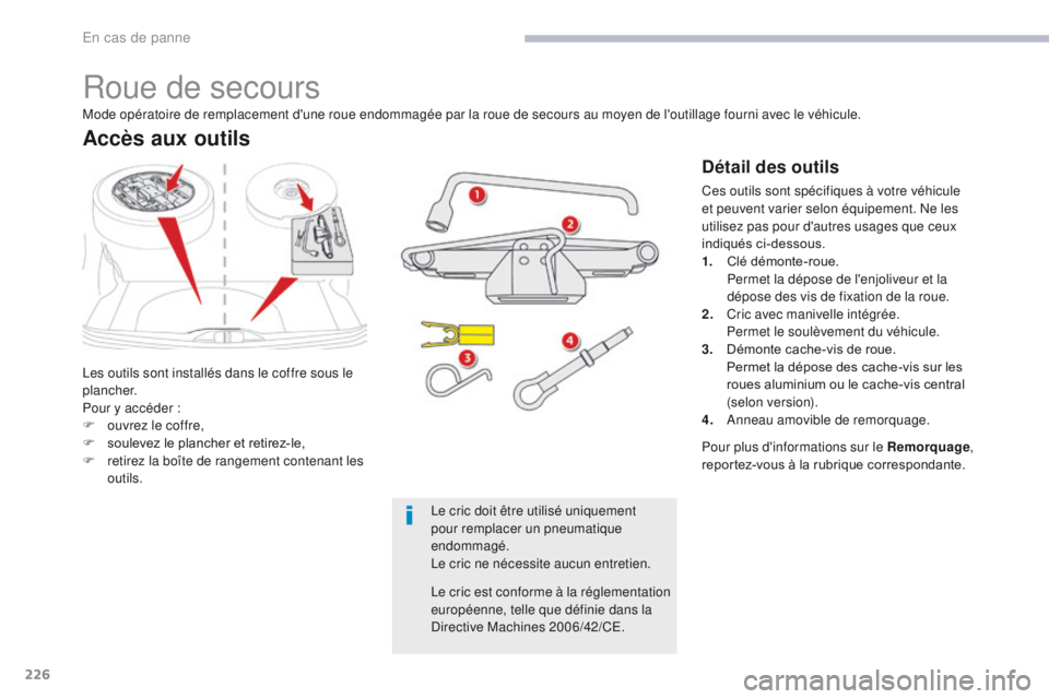 CITROEN C3 2017  Notices Demploi (in French) 226
Roue de secours
Les outils sont installés dans le coffre sous le 
plancher.
Pour y accéder :
F 
o
 uvrez le coffre,
F
 
s
 oulevez le plancher et retirez-le,
F
 
r
 etirez la boîte de rangement