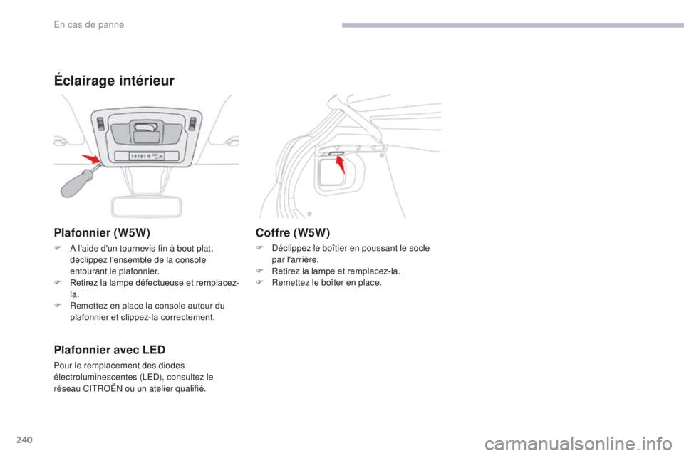 CITROEN C3 2017  Notices Demploi (in French) 240
Plafonnier (W5W)
F A l'aide d'un tournevis fin à bout plat, déclippez l'ensemble de la console 
entourant le plafonnier.
F
 
R
 etirez la lampe défectueuse et remplacez-
la.
F
 
R
 