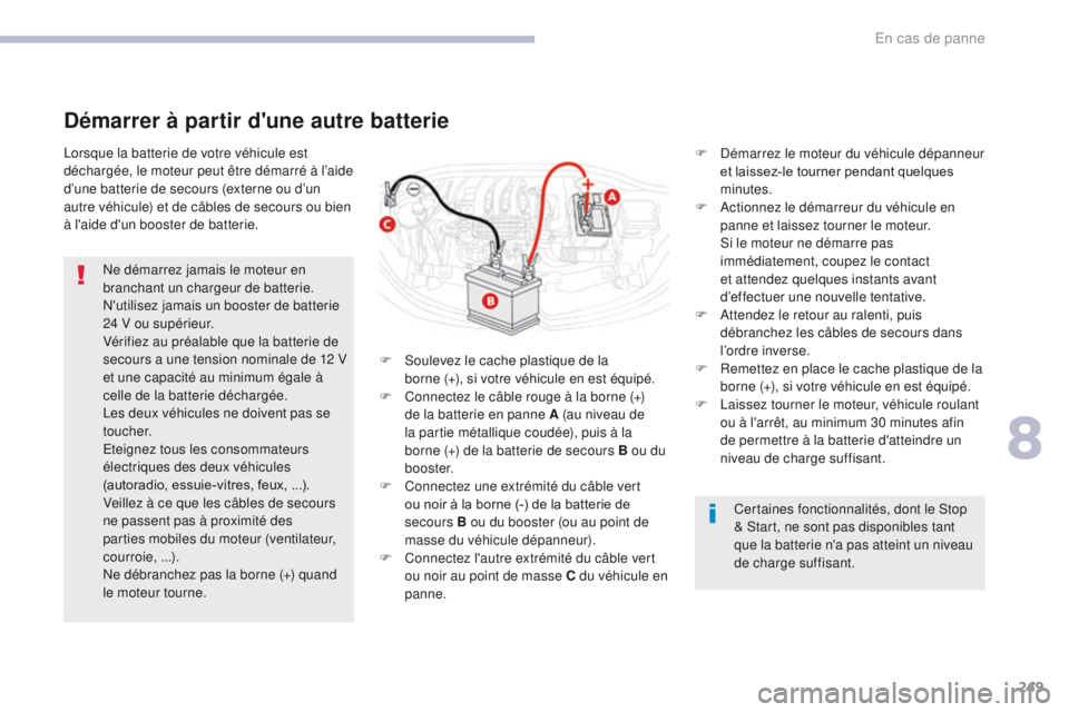 CITROEN C3 2017 Notices Demploi (in French) 249
Lorsque la batterie de votre véhicule est
déchargée, le moteur peut être démarré à l’aide
d’une batterie de secours (externe ou d’un
autre véhicule) et de câbles de secours ou bi CITROEN C3 2017 Notices Demploi (in French) 249
Lorsque la batterie de votre véhicule est
déchargée, le moteur peut être démarré à l’aide
d’une batterie de secours (externe ou d’un
autre véhicule) et de câbles de secours ou bi