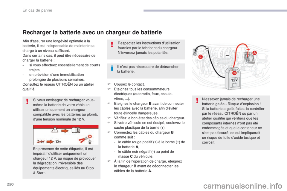 CITROEN C3 2017 Notices Demploi (in French) 250
Recharger la batterie avec un chargeur de batterie
Afin d'assurer une longévité optimale à la
batterie, il est indispensable de maintenir sa
charge à un niveau suffisant.
Dans certains c CITROEN C3 2017 Notices Demploi (in French) 250
Recharger la batterie avec un chargeur de batterie
Afin d'assurer une longévité optimale à la
batterie, il est indispensable de maintenir sa
charge à un niveau suffisant.
Dans certains c
