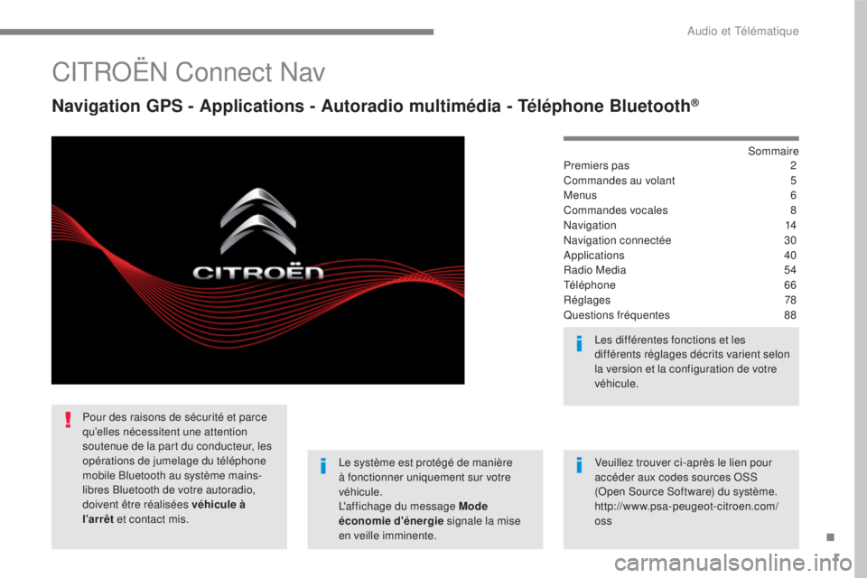 CITROEN C3 2017 Notices Demploi (in French) 1
.
Audio et Télématique
CITROËN Connect Nav
Navigation GPS - Applications - Autoradio multimédia - Téléphone Bluetooth ®
Sommaire
Premiers pas 2
Commandes au volant 5
M CITROEN C3 2017 Notices Demploi (in French) 1
.
Audio et Télématique
CITROËN Connect Nav
Navigation GPS - Applications - Autoradio multimédia - Téléphone Bluetooth ®
Sommaire
Premiers pas 2
Commandes au volant 5
M