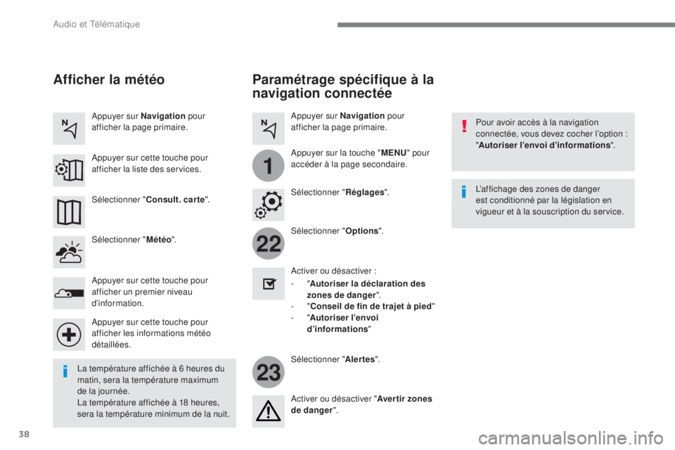 CITROEN C3 2017 Notices Demploi (in French) 38
22
23
1
Audio et Télématique
Paramétrage spécifique à la
navigation connectée
Pour avoir accès à la navigation
connectée, vous devez cocher l’option :
" Autoriser l’envoi d CITROEN C3 2017 Notices Demploi (in French) 38
22
23
1
Audio et Télématique
Paramétrage spécifique à la
navigation connectée
Pour avoir accès à la navigation
connectée, vous devez cocher l’option :
" Autoriser l’envoi d