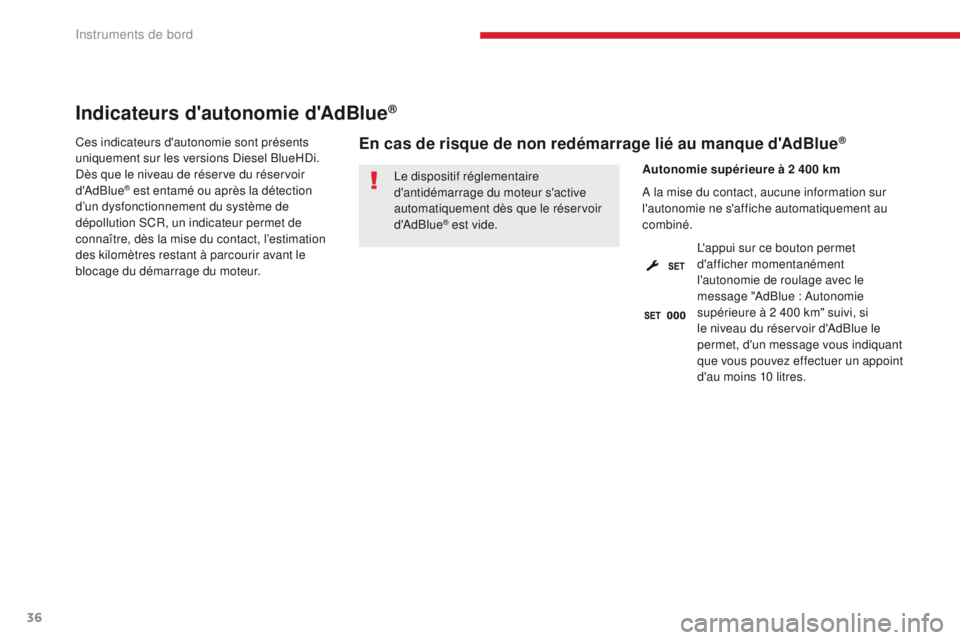 CITROEN C3 2017 Notices Demploi (in French) 36
Indicateurs d'autonomie d'AdBlue®
Ces indicateurs d'autonomie sont présents
uniquement sur les versions Diesel BlueHDi.
Dès que le niveau de réserve du réservoir
d'AdBlue
® CITROEN C3 2017 Notices Demploi (in French) 36
Indicateurs d'autonomie d'AdBlue®
Ces indicateurs d'autonomie sont présents
uniquement sur les versions Diesel BlueHDi.
Dès que le niveau de réserve du réservoir
d'AdBlue
®