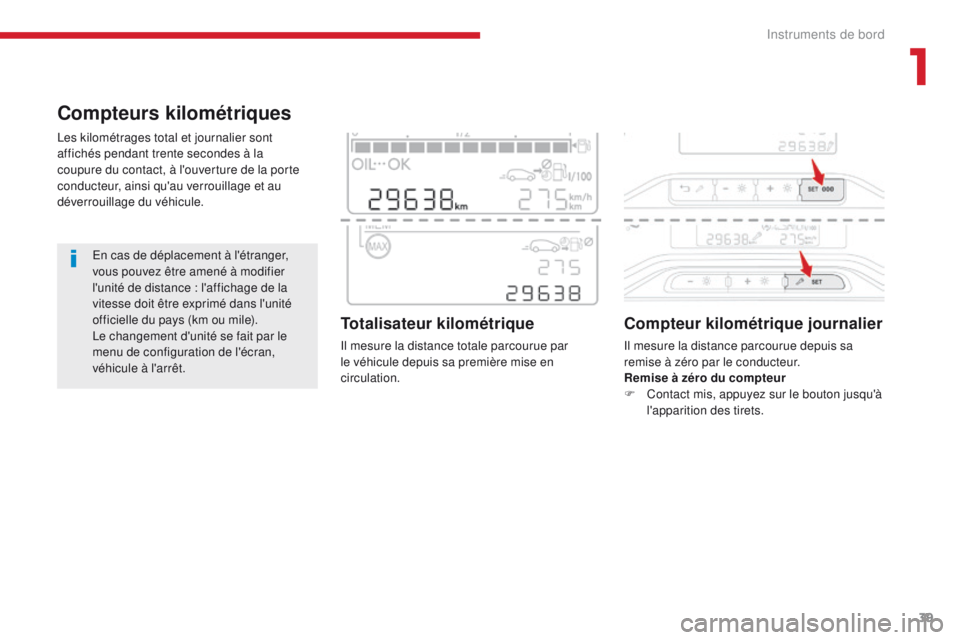 CITROEN C3 2017 Notices Demploi (in French) 39
Compteurs kilométriques
Les kilométrages total et journalier sont
affichés pendant trente secondes à la
coupure du contact, à l'ouverture de la porte
conducteur, ainsi qu'au verroui CITROEN C3 2017 Notices Demploi (in French) 39
Compteurs kilométriques
Les kilométrages total et journalier sont
affichés pendant trente secondes à la
coupure du contact, à l'ouverture de la porte
conducteur, ainsi qu'au verroui