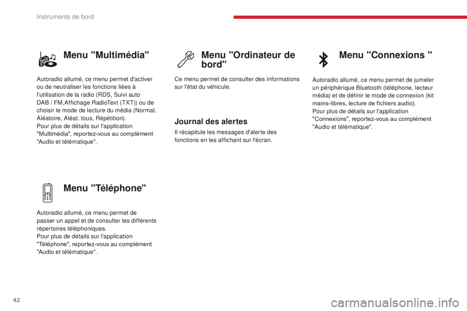 CITROEN C3 2017 Notices Demploi (in French) 42
Menu "Multimédia"
Menu "Téléphone"Menu "Ordinateur de
bord"
Journal des alertes
Il récapitule les messages d'alerte des
fonctions en les affichant sur l'écran CITROEN C3 2017 Notices Demploi (in French) 42
Menu "Multimédia"
Menu "Téléphone"Menu "Ordinateur de
bord"
Journal des alertes
Il récapitule les messages d'alerte des
fonctions en les affichant sur l'écran