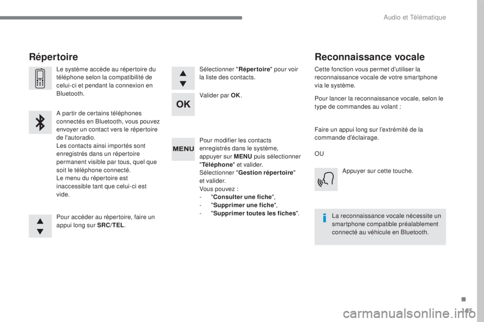 CITROEN C3 2017 Notices Demploi (in French) 165
.
Audio et Télématique
Pour modifier les contacts
enregistrés dans le système,
appuyer sur MENU puis sélectionner
" Téléphone
" et valider.
Sélectionner " Gestion réper CITROEN C3 2017 Notices Demploi (in French) 165
.
Audio et Télématique
Pour modifier les contacts
enregistrés dans le système,
appuyer sur MENU puis sélectionner
" Téléphone
" et valider.
Sélectionner " Gestion réper