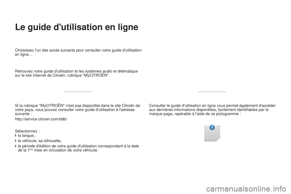 CITROEN C3 2017 Notices Demploi (in French) Le guide dutilisation en ligne
Si la rubrique "MyCITROËN" nest pas disponible dans le site Citroë\
n de
votre pays, vous pouvez consulter votre guide dutilisation à ladres\
se
suivante : CITROEN C3 2017 Notices Demploi (in French) Le guide dutilisation en ligne
Si la rubrique "MyCITROËN" nest pas disponible dans le site Citroë\
n de
votre pays, vous pouvez consulter votre guide dutilisation à ladres\
se
suivante :