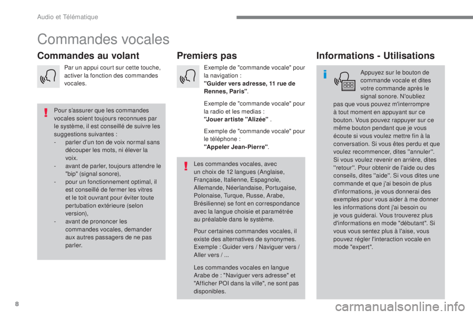 CITROEN C3 2017 Notices Demploi (in French) 8
Audio et Télématique
Commandes vocales
Premiers pas
Commandes au volant
Informations - Utilisations
Appuyez sur le bouton de
commande vocale et dites
votre comma CITROEN C3 2017 Notices Demploi (in French) 8
Audio et Télématique
Commandes vocales
Premiers pas
Commandes au volant
Informations - Utilisations
Appuyez sur le bouton de
commande vocale et dites
votre comma