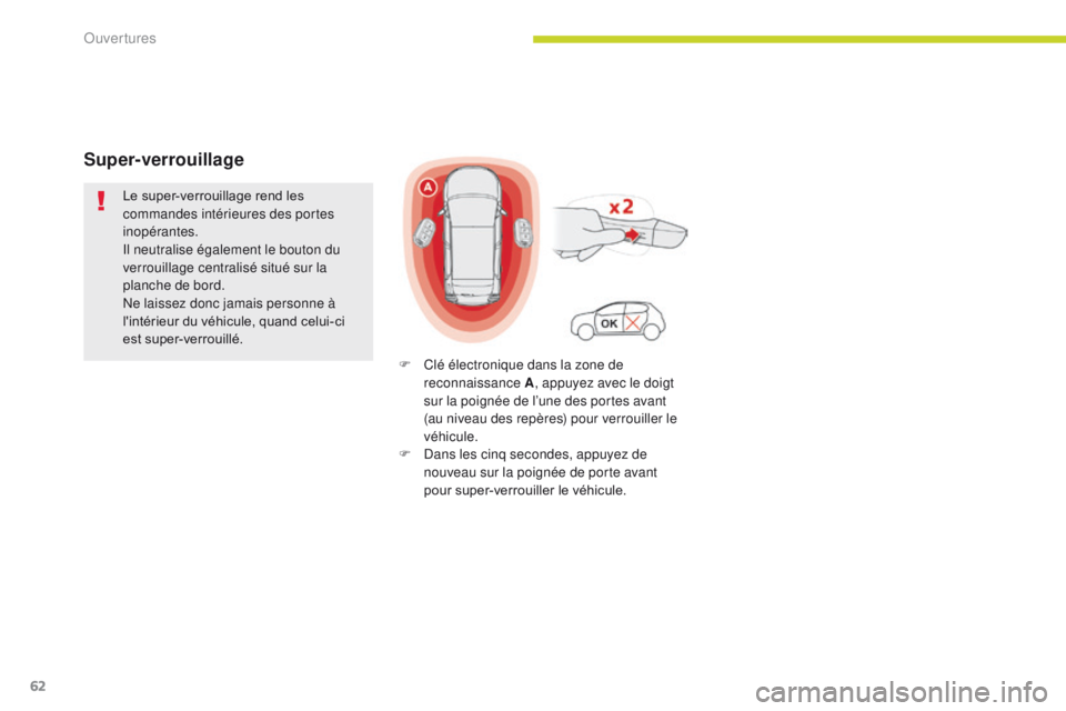 CITROEN C3 2017 Notices Demploi (in French) 62
Le super-verrouillage rend les
commandes intérieures des portes
inopérantes.
Il neutralise également le bouton du
verrouillage centralisé situé sur la
planche de bord.
Ne laissez donc jama CITROEN C3 2017 Notices Demploi (in French) 62
Le super-verrouillage rend les
commandes intérieures des portes
inopérantes.
Il neutralise également le bouton du
verrouillage centralisé situé sur la
planche de bord.
Ne laissez donc jama