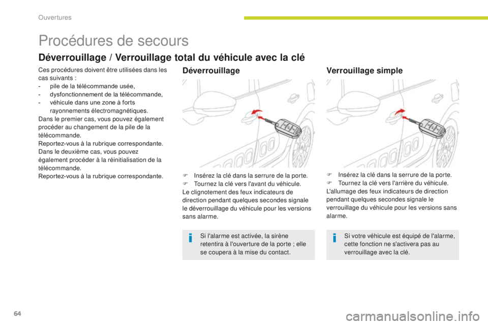 CITROEN C3 2017 Notices Demploi (in French) 64
Procédures de secours
Déverrouillage / Verrouillage total du véhicule avec la clé
DéverrouillageVerrouillage simple
Si l'alarme est activée, la sirène
retentira à l'ouverture de la CITROEN C3 2017 Notices Demploi (in French) 64
Procédures de secours
Déverrouillage / Verrouillage total du véhicule avec la clé
DéverrouillageVerrouillage simple
Si l'alarme est activée, la sirène
retentira à l'ouverture de la