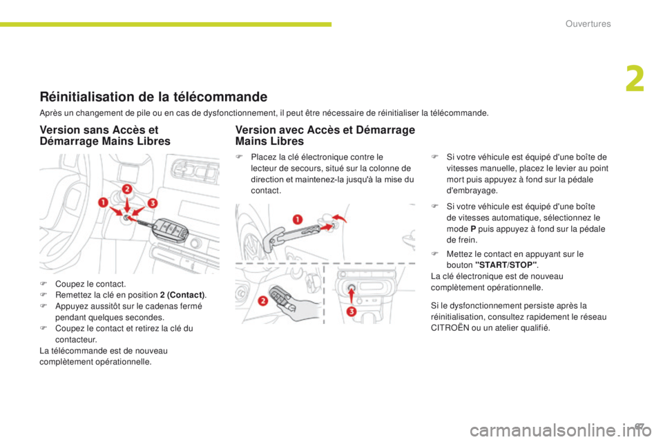 CITROEN C3 2017  Notices Demploi (in French) 67
Réinitialisation de la télécommande
Après un changement de pile ou en cas de dysfonctionnement, il peut être nécessaire de réinitialiser la télécommande.
F 
C
 oupez le contact.
F
 
R
 eme