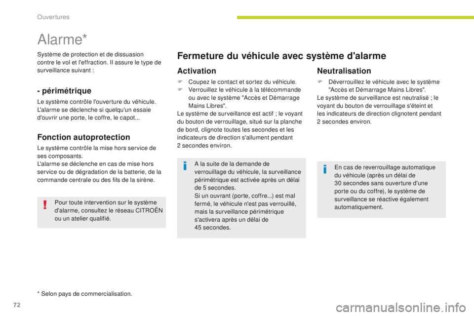 CITROEN C3 2017 Notices Demploi (in French) 72
* Selon pays de commercialisation.
Alarme*
Système de protection et de dissuasion
contre le vol et l'effraction. Il assure le type de
surveillance suivant :
- périmétrique
Le système cont CITROEN C3 2017 Notices Demploi (in French) 72
* Selon pays de commercialisation.
Alarme*
Système de protection et de dissuasion
contre le vol et l'effraction. Il assure le type de
surveillance suivant :
- périmétrique
Le système cont