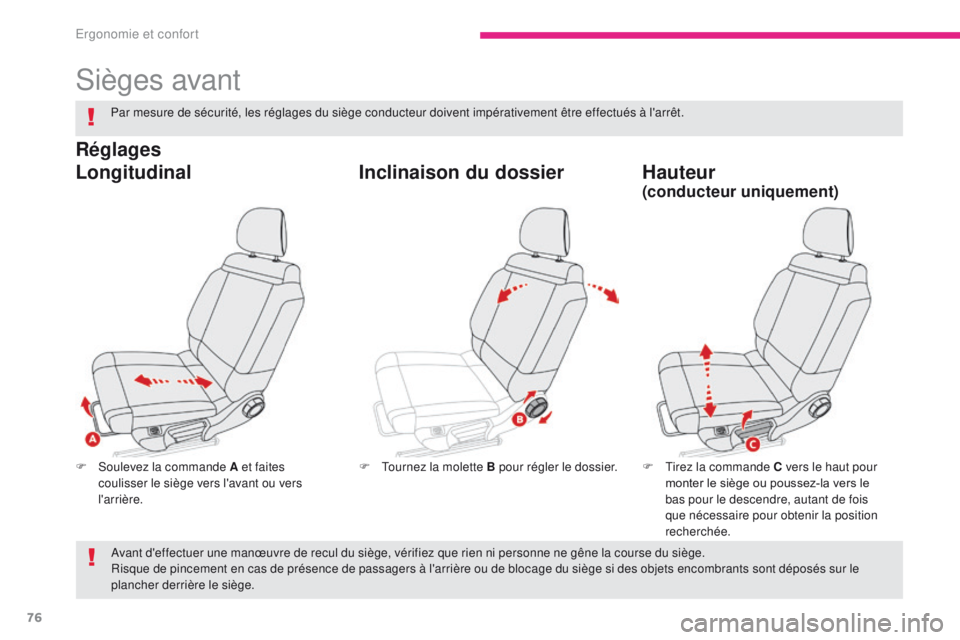 CITROEN C3 2017 Notices Demploi (in French) 76
Sièges avant
F Soulevez la commande A et faites coulisser le siège vers l'avant ou vers
l'arrière. F
T irez la commande C vers le haut pour
monter le siège ou poussez-la vers le
bas CITROEN C3 2017 Notices Demploi (in French) 76
Sièges avant
F Soulevez la commande A et faites coulisser le siège vers l'avant ou vers
l'arrière. F
T irez la commande C vers le haut pour
monter le siège ou poussez-la vers le
bas