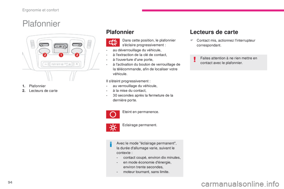 CITROEN C3 2017 Notices Demploi (in French) 94
Plafonnier
1. Plafonnier
2. L ecteurs de carte F
C
ontact mis, actionnez l'interrupteur
correspondant.
Lecteurs de carte
Avec le mode "éclairage permanent",
la durée d'alluma CITROEN C3 2017 Notices Demploi (in French) 94
Plafonnier
1. Plafonnier
2. L ecteurs de carte F
C
ontact mis, actionnez l'interrupteur
correspondant.
Lecteurs de carte
Avec le mode "éclairage permanent",
la durée d'alluma