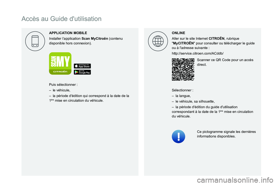 CITROEN C3 AIRCROSS 2021 Notices Demploi (in French)
Accès au Guide dutilisation
APPLICA
Installer l’application Scan MyCitro\353n (contenu
disponible hors connexion). ONLINE
Aller sur le site Internet CITRO\313N, rubrique
CITROEN C3 AIRCROSS 2021 Notices Demploi (in French)
Accès au Guide dutilisation
APPLICA
Installer l’application Scan MyCitro\353n (contenu
disponible hors connexion). ONLINE
Aller sur le site Internet CITRO\313N, rubrique