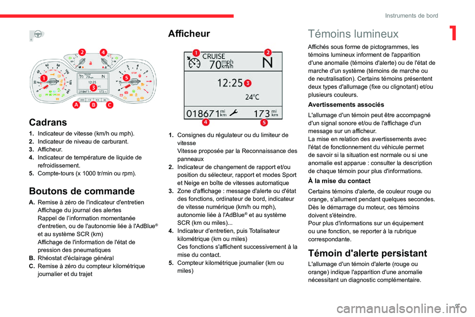 CITROEN C3 AIRCROSS 2021  Notices Demploi (in French) 9
Instruments de bord
1 
 
 
Cadrans
1.Indicateur de vitesse (km/h ou mph).
2. Indicateur de niveau de carburant.
3. Afficheur.
4. Indicateur de température de liquide de 
refroidissement.
5. Compte-