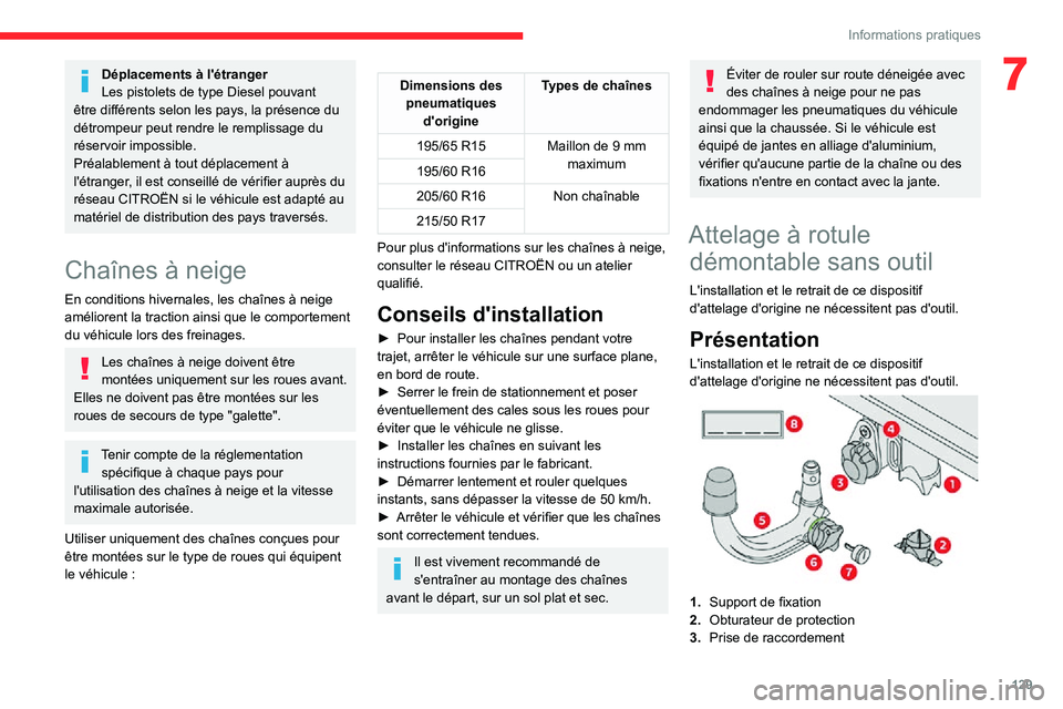 CITROEN C3 AIRCROSS 2021  Notices Demploi (in French) 129
Informations pratiques
7Déplacements à l'étranger
Les pistolets de type Diesel pouvant 
être différents selon les pays, la présence du 
détrompeur peut rendre le remplissage du 
réserv