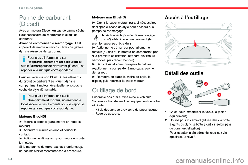 CITROEN C3 AIRCROSS 2021  Notices Demploi (in French) 144
En cas de panne
Panne de carburant 
(Diesel)
Avec un moteur Diesel, en cas de panne sèche, 
il est nécessaire de réamorcer le circuit de 
carburant.
Avant de commencer le réamorçage, il est 
