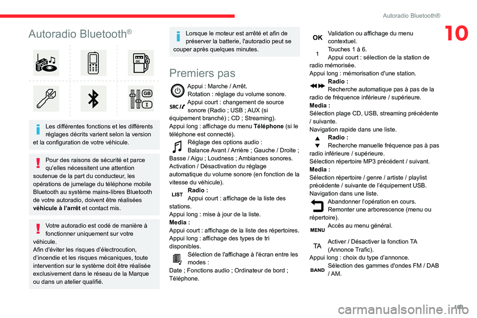 CITROEN C3 AIRCROSS 2021 Notices Demploi (in French) 169
Autoradio Bluetooth®
10Autoradio Bluetooth®
Les différentes fonctions et les différents
réglages décrits varient selon la version
et la configuration de votre véhicule.
Pour des raiso CITROEN C3 AIRCROSS 2021 Notices Demploi (in French) 169
Autoradio Bluetooth®
10Autoradio Bluetooth®
Les différentes fonctions et les différents
réglages décrits varient selon la version
et la configuration de votre véhicule.
Pour des raiso