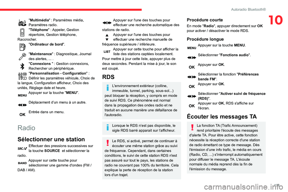 CITROEN C3 AIRCROSS 2021 Notices Demploi (in French) 171
Autoradio Bluetooth®
10"Multimédia" : Paramètres média,
Paramètres radio.
"Téléphone " : Appeler, Gestion
répertoire, Gestion téléphone,
Raccrocher.
"Ordinateur de CITROEN C3 AIRCROSS 2021 Notices Demploi (in French) 171
Autoradio Bluetooth®
10"Multimédia" : Paramètres média,
Paramètres radio.
"Téléphone " : Appeler, Gestion
répertoire, Gestion téléphone,
Raccrocher.
"Ordinateur de
