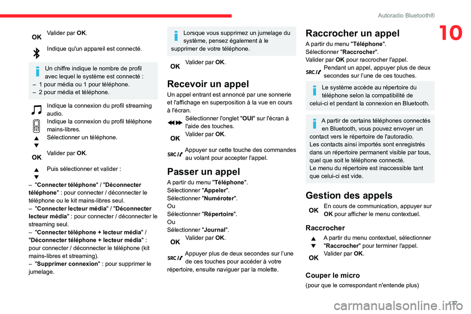 CITROEN C3 AIRCROSS 2021  Notices Demploi (in French) 177
Autoradio Bluetooth®
10Valider par OK. 
Indique qu'un appareil est connecté. 
Un chiffre indique le nombre de profil 
avec lequel le système est connecté :
– 1 pour média ou 1 pour tél