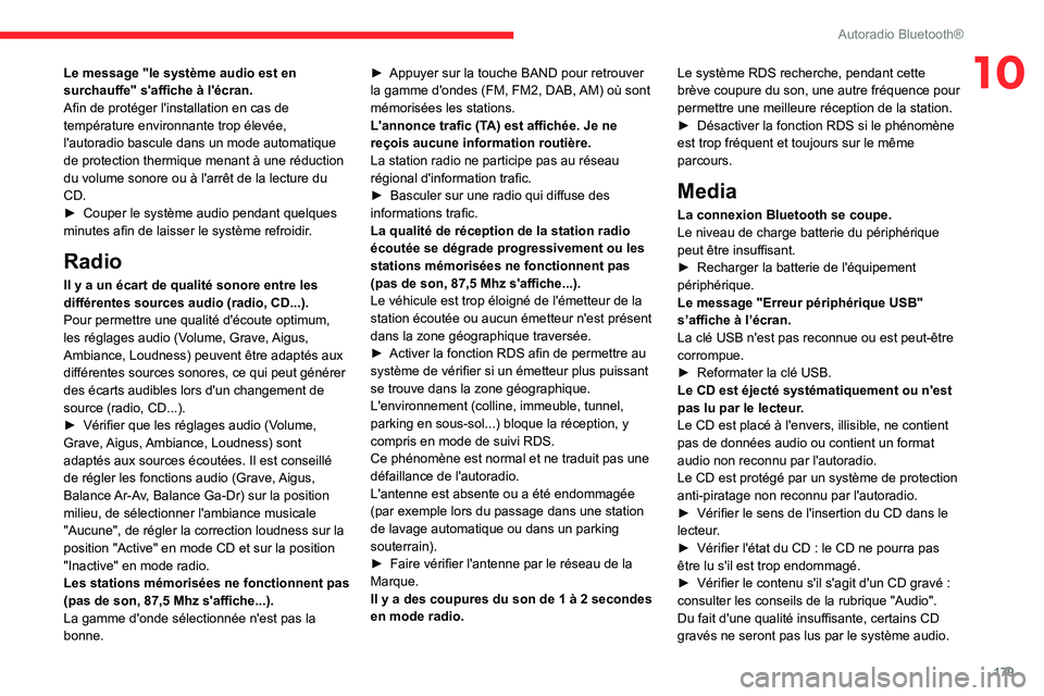 CITROEN C3 AIRCROSS 2021  Notices Demploi (in French) 179
Autoradio Bluetooth®
10Le message "le système audio est en 
surchauffe" s'affiche à l'écran.
Afin de protéger l'installation en cas de 
température environnante trop éle