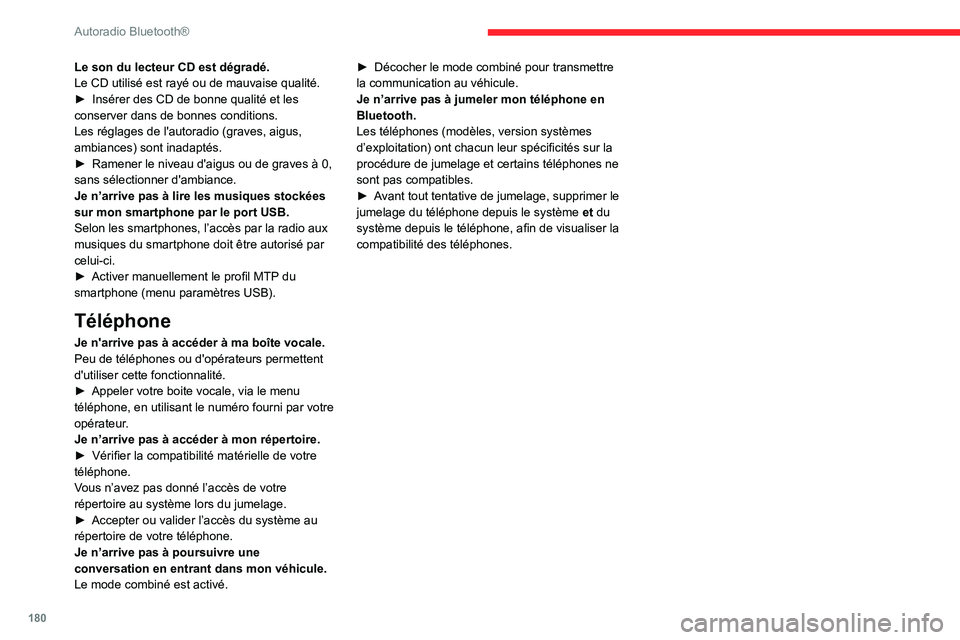 CITROEN C3 AIRCROSS 2021  Notices Demploi (in French) 180
Autoradio Bluetooth®
Le son du lecteur CD est dégradé.
Le CD utilisé est rayé ou de mauvaise qualité.
► Insérer des CD de bonne qualité et les conserver dans de bonnes conditions.
Les r