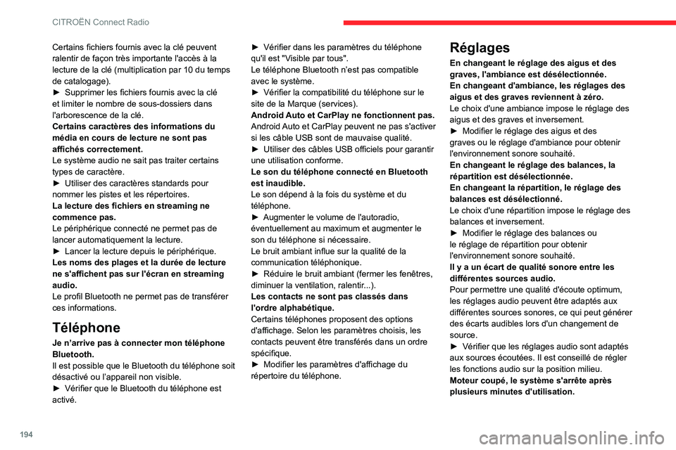 CITROEN C3 AIRCROSS 2021  Notices Demploi (in French) 194
CITROËN Connect Radio
Certains fichiers fournis avec la clé peuvent 
ralentir de façon très importante l'accès à la 
lecture de la clé (multiplication par 10 du temps 
de catalogage).
