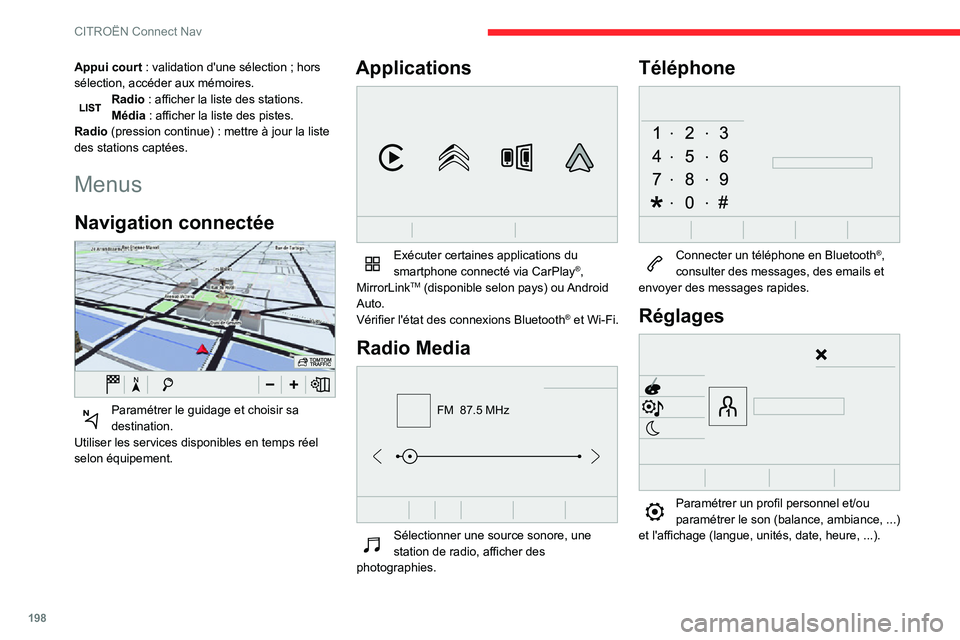 CITROEN C3 AIRCROSS 2021  Notices Demploi (in French) 198
CITROËN Connect Nav
Appui court : validation d'une sélection ; hors sélection, accéder aux mémoires.Radio : afficher la liste des stations.Média : afficher la liste des pistes.Radio (pre