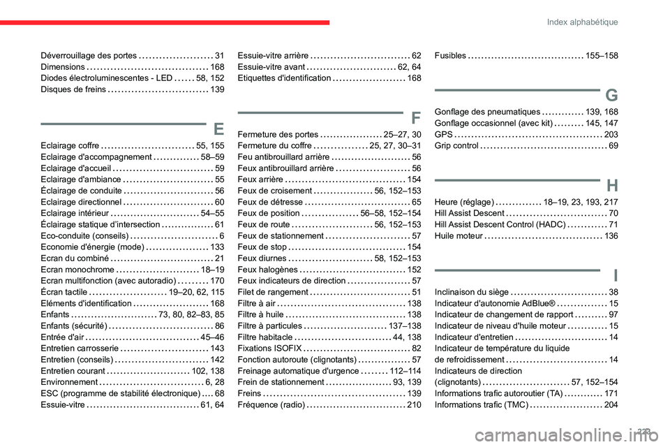 CITROEN C3 AIRCROSS 2021  Notices Demploi (in French) 223
Index alphabétique
Déverrouillage des portes   31Dimensions   168Diodes électroluminescentes - LED   58, 152Disques de freins   139
E
Eclairage coffre   55, 155
Eclairage d'accompagnement  