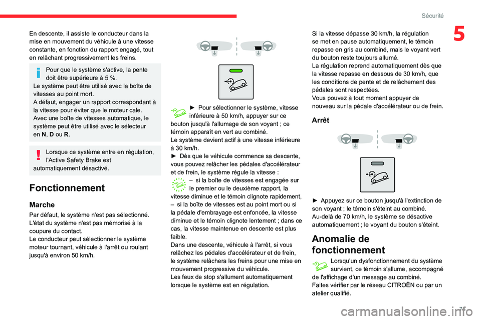 CITROEN C3 AIRCROSS 2021  Notices Demploi (in French) 71
Sécurité
5En descente, il assiste le conducteur dans la 
mise en mouvement du véhicule à une vitesse 
constante, en fonction du rapport engagé, tout 
en relâchant progressivement les freins.
