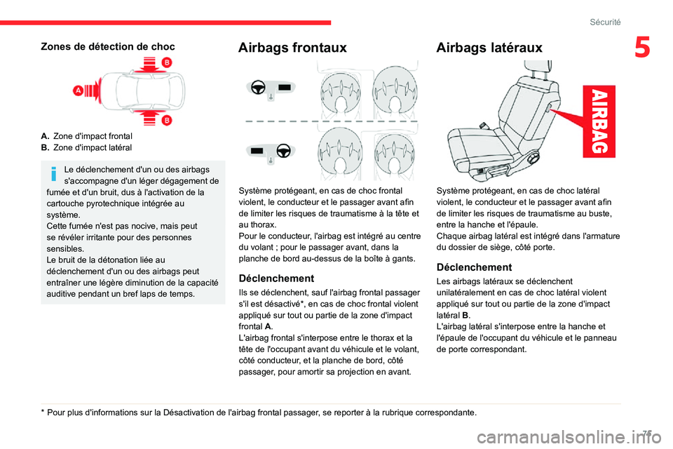 CITROEN C3 AIRCROSS 2021  Notices Demploi (in French) 75
Sécurité
5Zones de détection de choc
A.Zone d'impact frontal
B. Zone d'impact latéral
Le déclenchement d'un ou des airbags 
s'accompagne d'un léger dégagement de 
fumée 