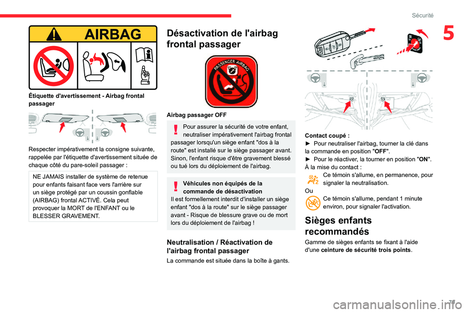 CITROEN C3 AIRCROSS 2021  Notices Demploi (in French) 79
Sécurité
5
 
Étiquette d'avertissement - Airbag frontal passager 
 
Respecter impérativement la consigne suivante, 
rappelée par l'étiquette d'avertissement située de 
chaque cô
