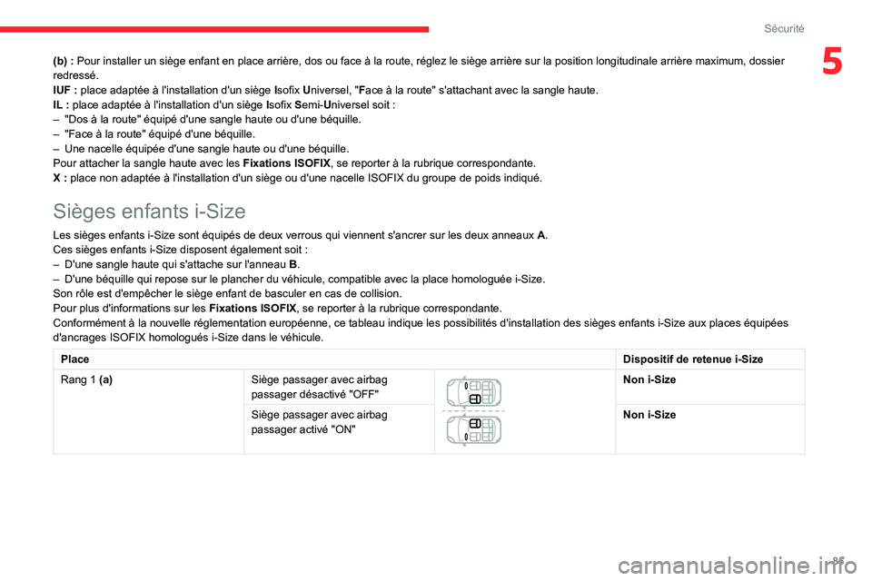 CITROEN C3 AIRCROSS 2021  Notices Demploi (in French) 85
Sécurité
5(b) : Pour installer un siège enfant en place arrière, dos ou face à la route, réglez le siège arrière sur la position longitudinale arrière maximum, dossier 
redressé.
IUF : pl